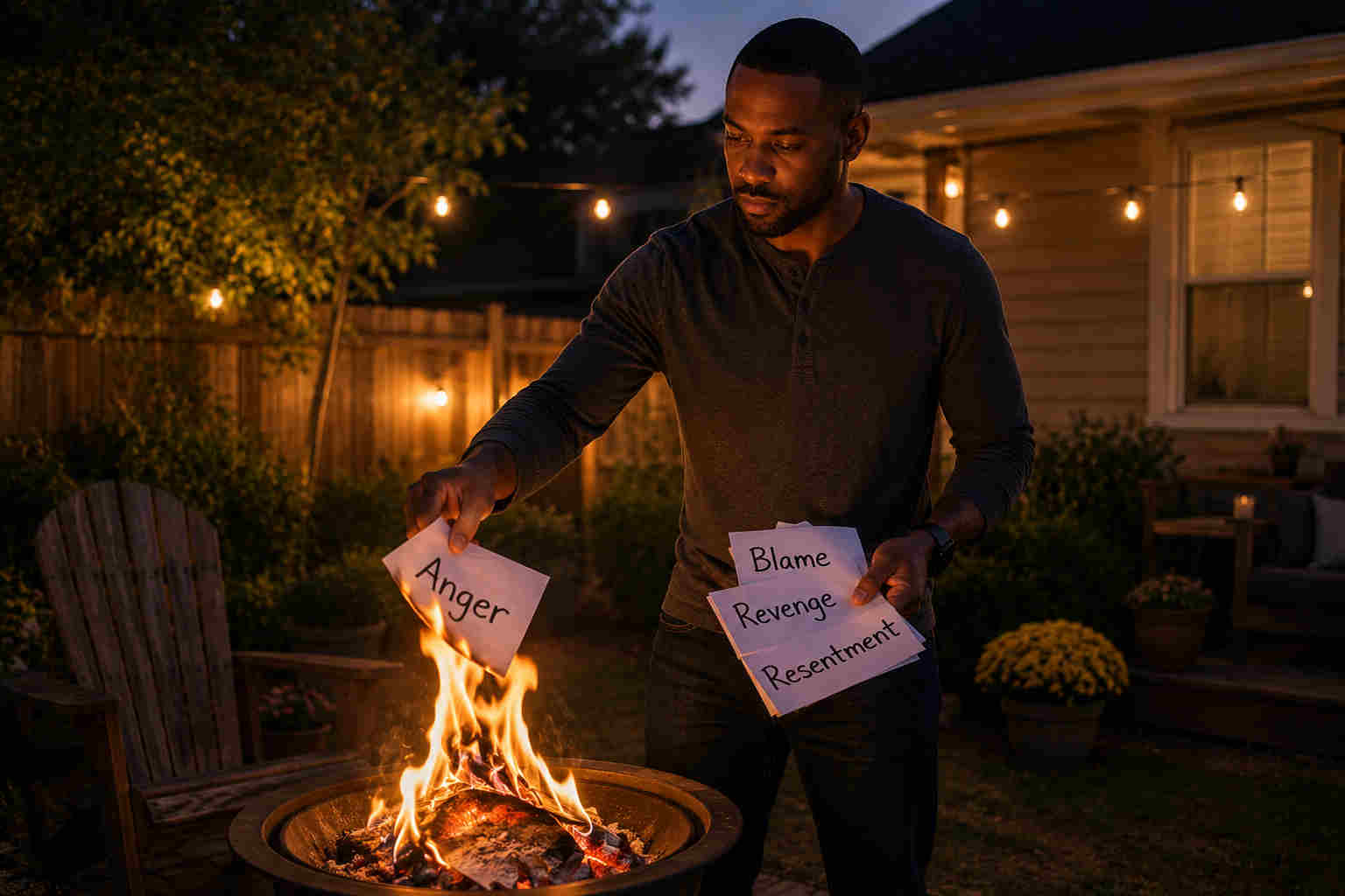 An African American man in his thirties calmly placing pages labeled anger, blame, revenge, and resentment into a backyard fire pit