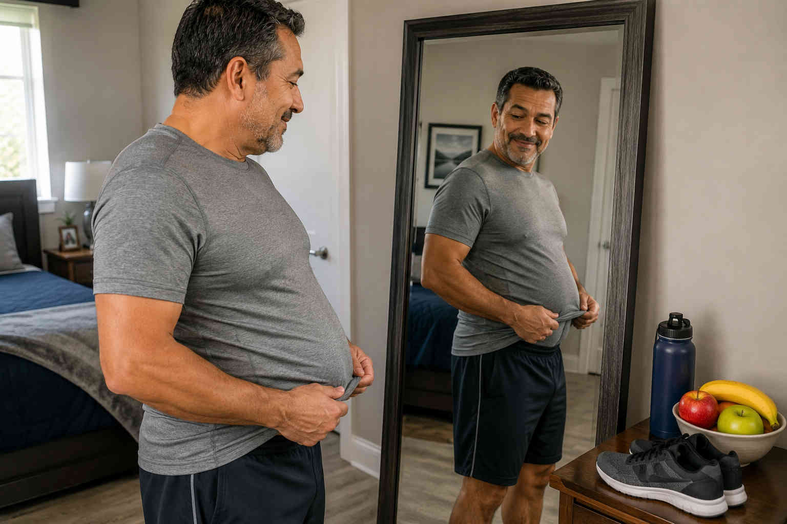 Middle-aged man checking his waistline in a full-length mirror while making gradual progress toward losing belly fat