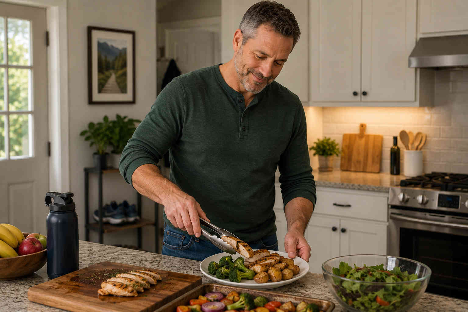 Middle-aged man preparing a balanced meal of grilled chicken, vegetables, potatoes, and salad as part of a sustainable weight-loss routine