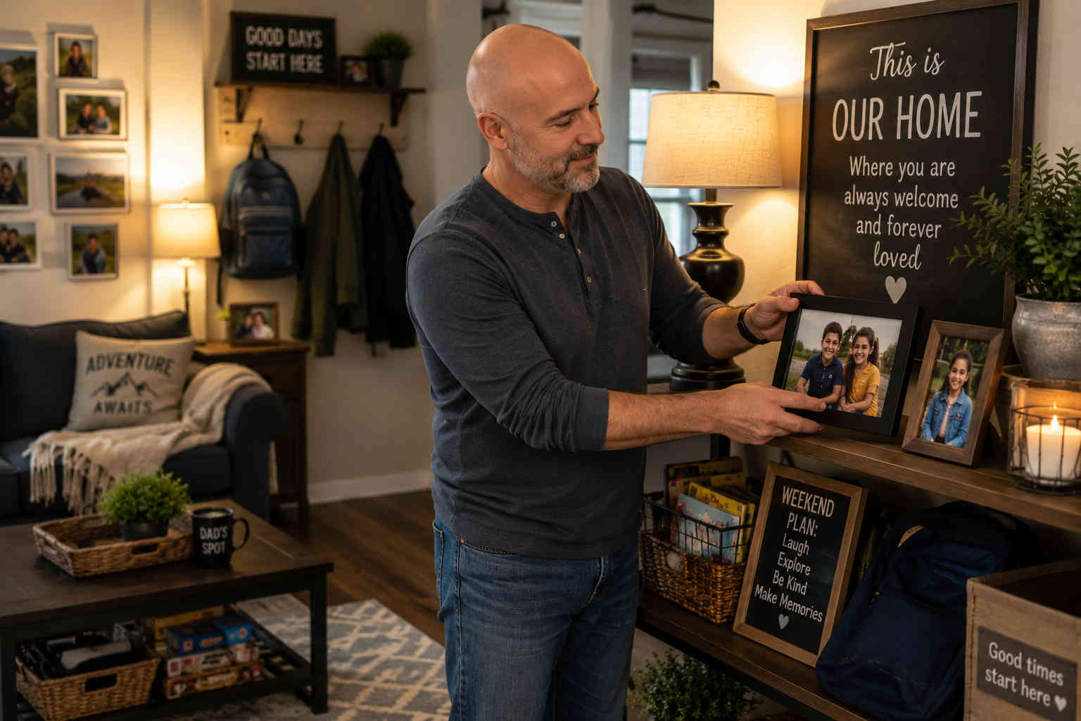 A bald father arranges framed photos of his children in a warm living room filled with their belongings, helping make his house feel like their home too