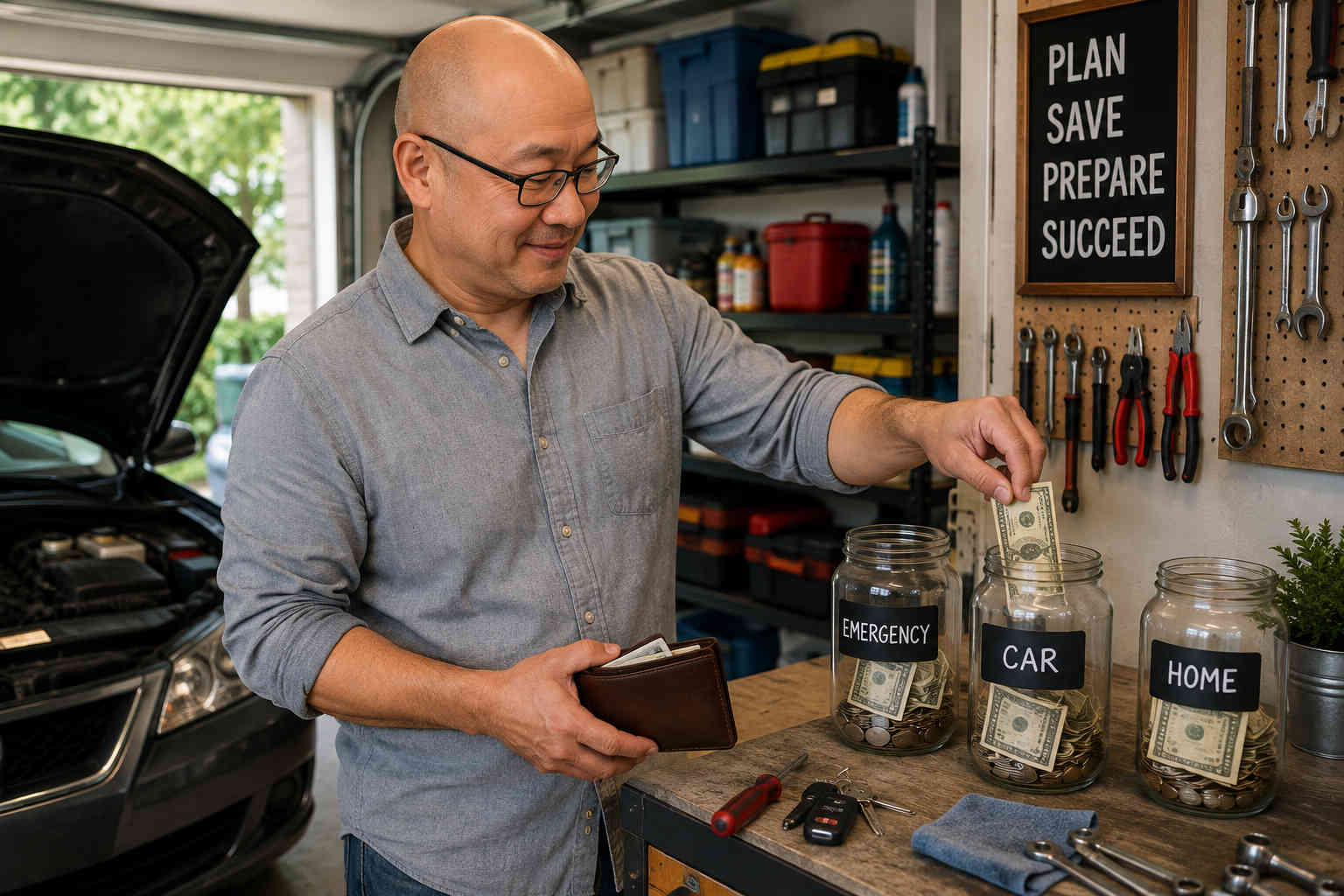 An Asian man in his garage adds money to labeled emergency, car, and home savings jars beside his vehicle