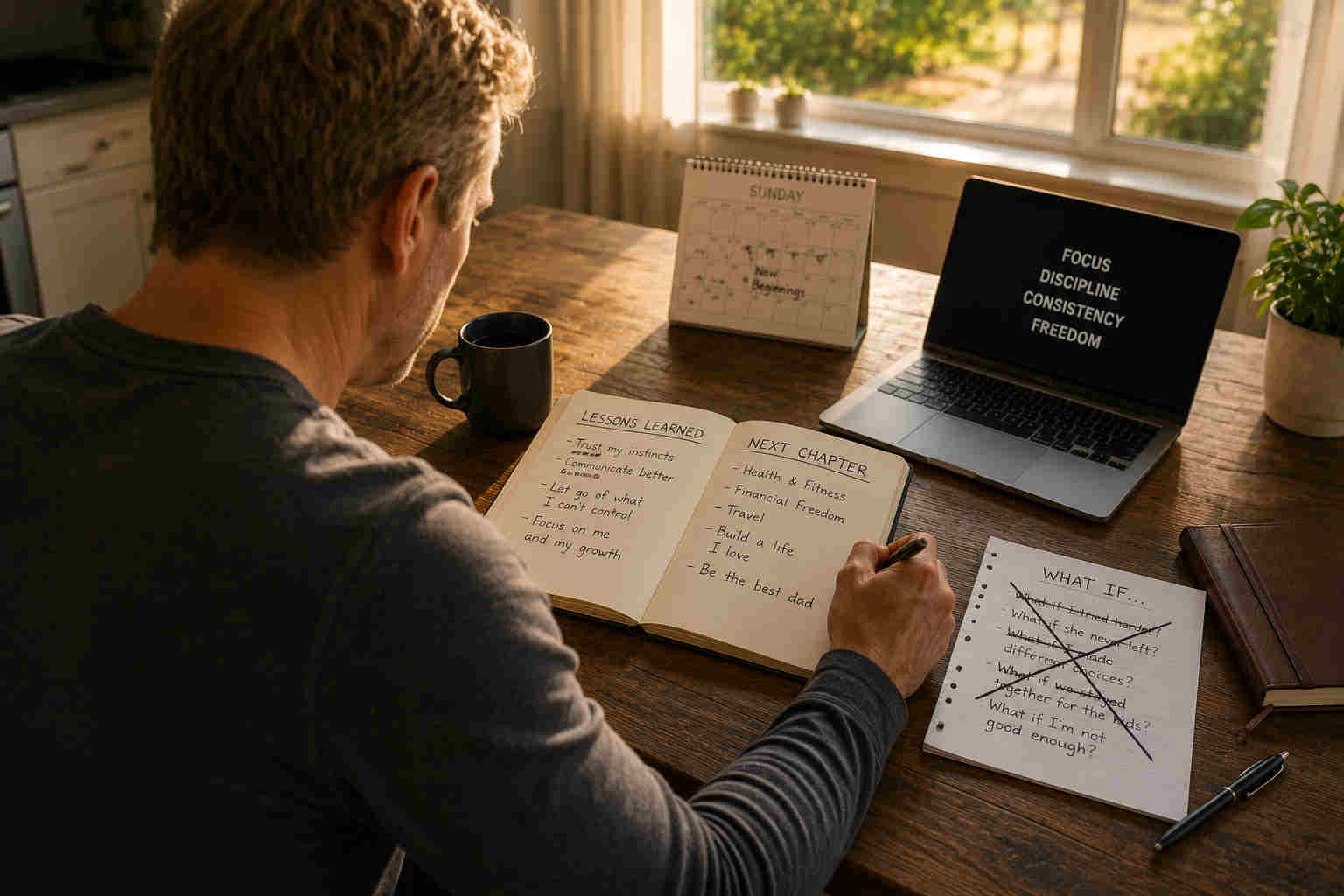 Over-the-shoulder view of a blond Nordic man in his forties writing lessons learned and next chapter goals at a sunlit kitchen table