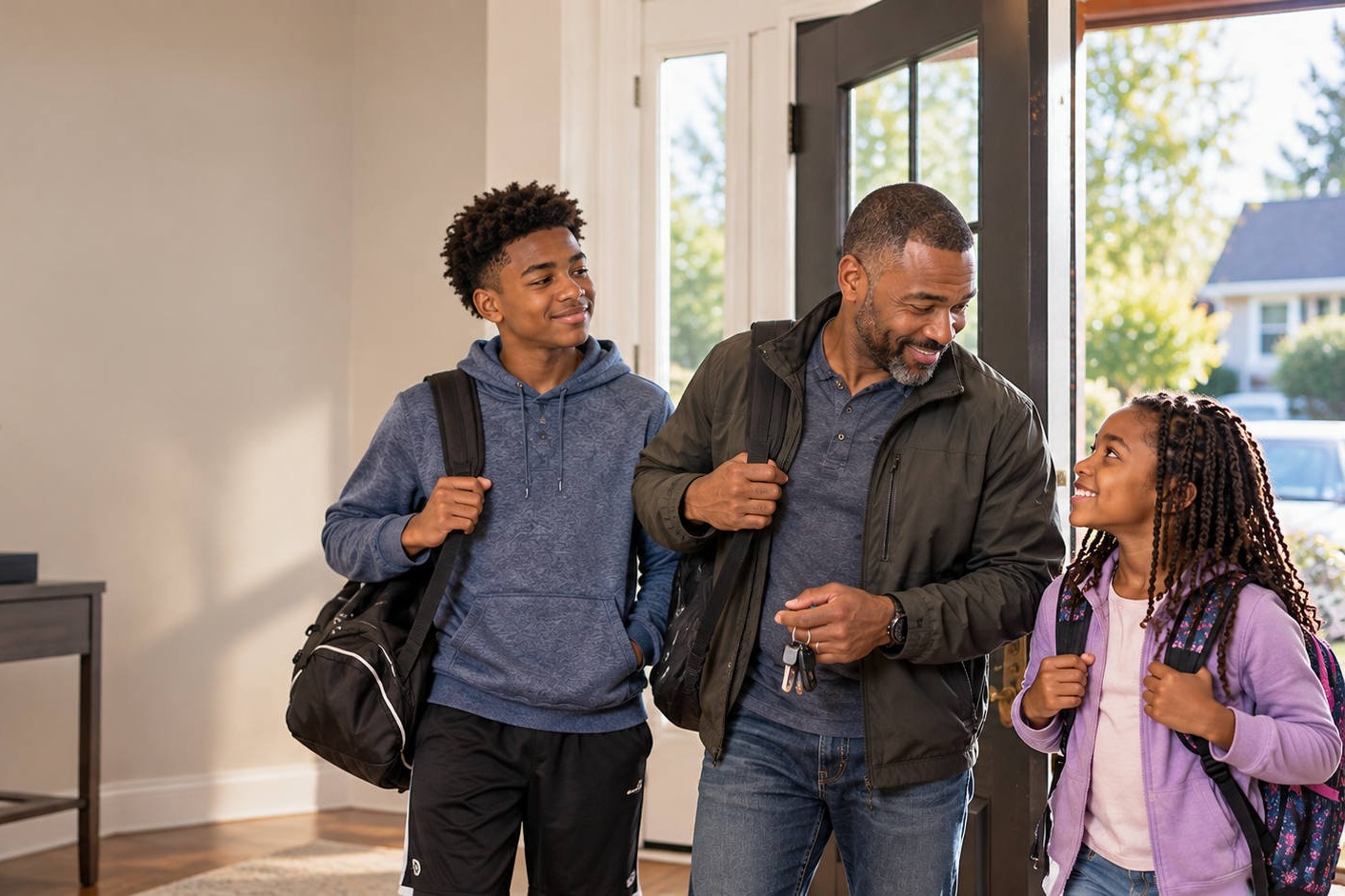 A father arrives home with his son and daughter, modeling reliability and the importance of following through on promises