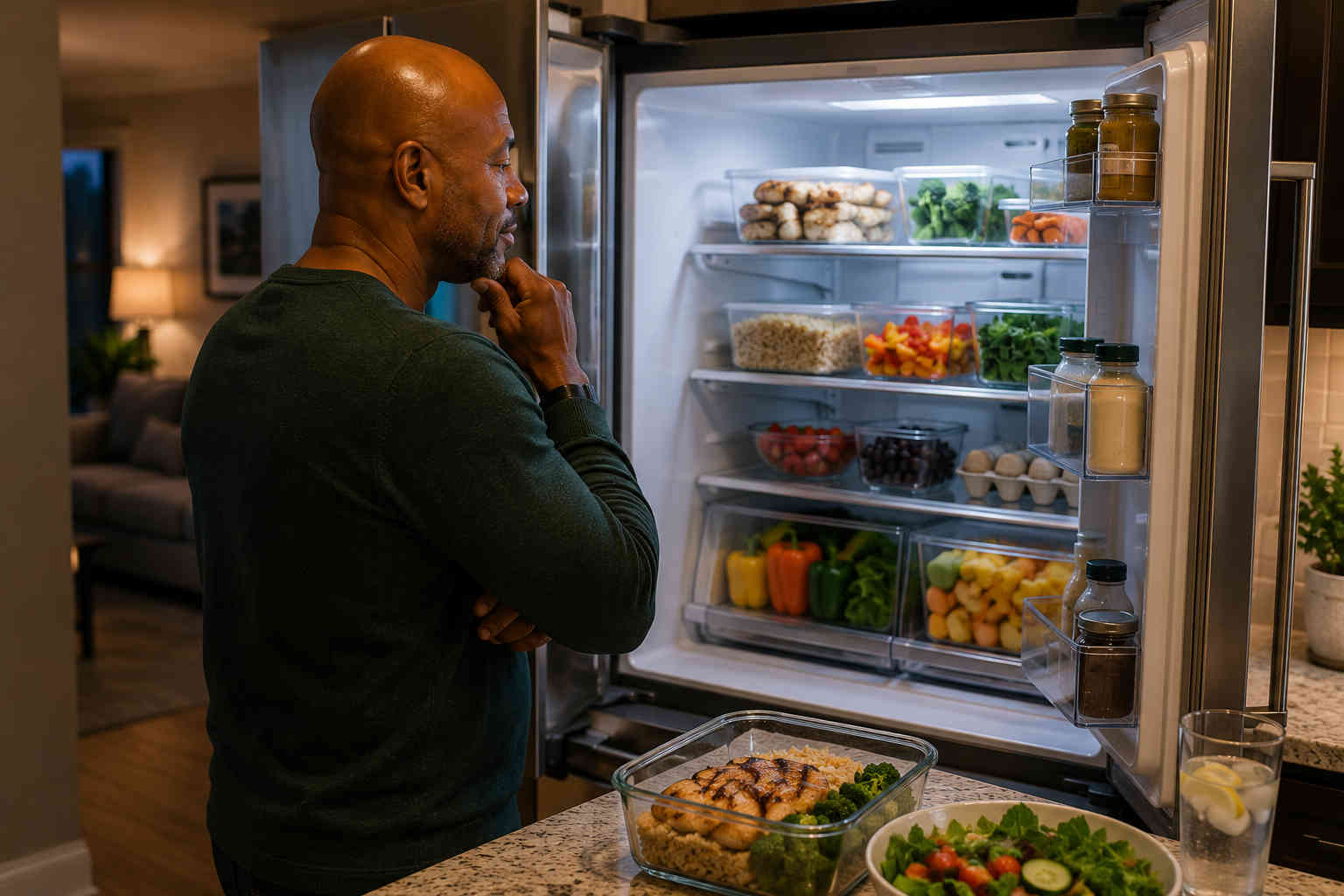 Man looking into a refrigerator stocked with prepared protein, vegetables, fruit, grains, eggs, and ready-to-eat meal components