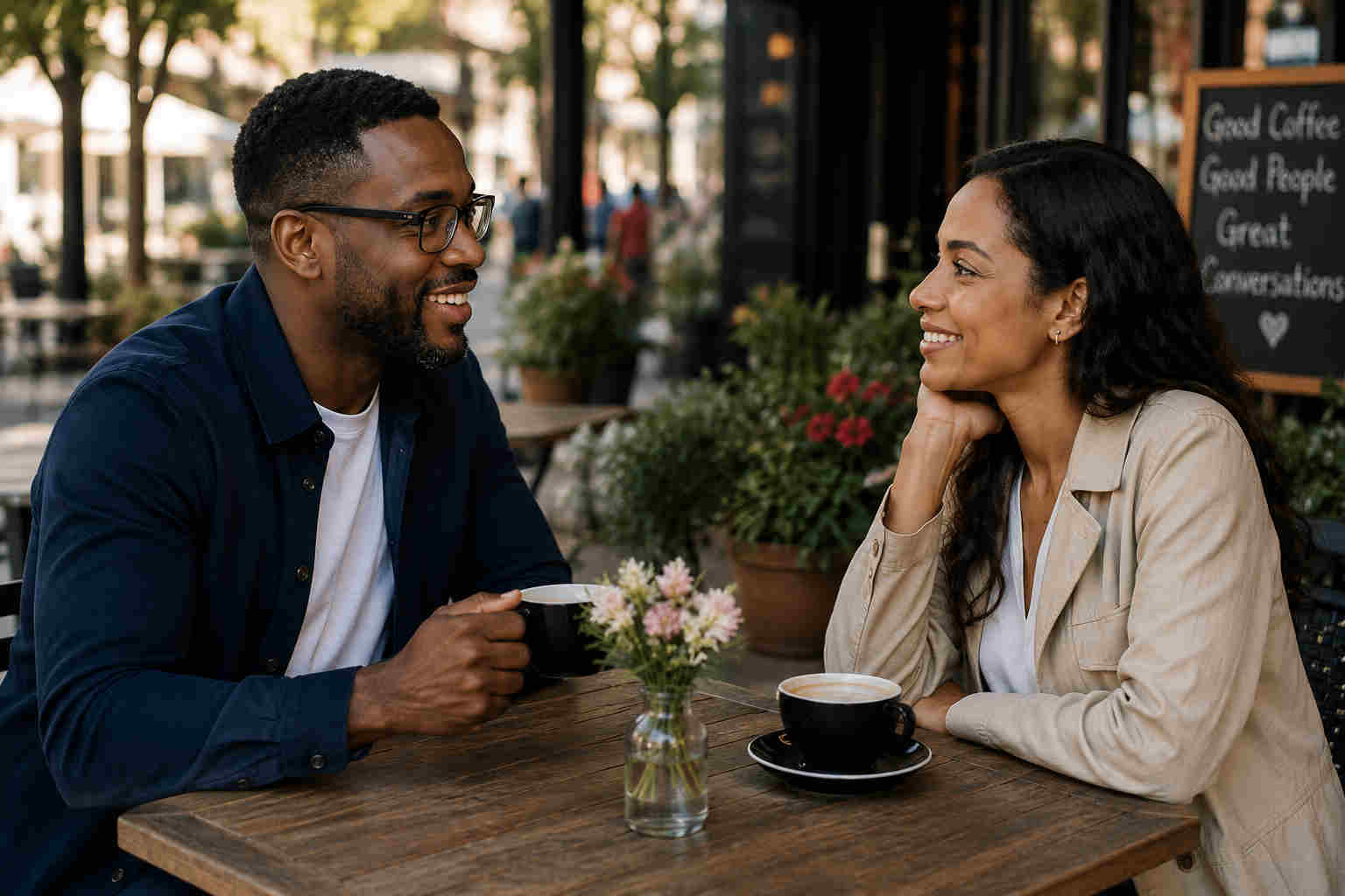 Black man and woman meeting for coffee at an outdoor cafe after connecting online