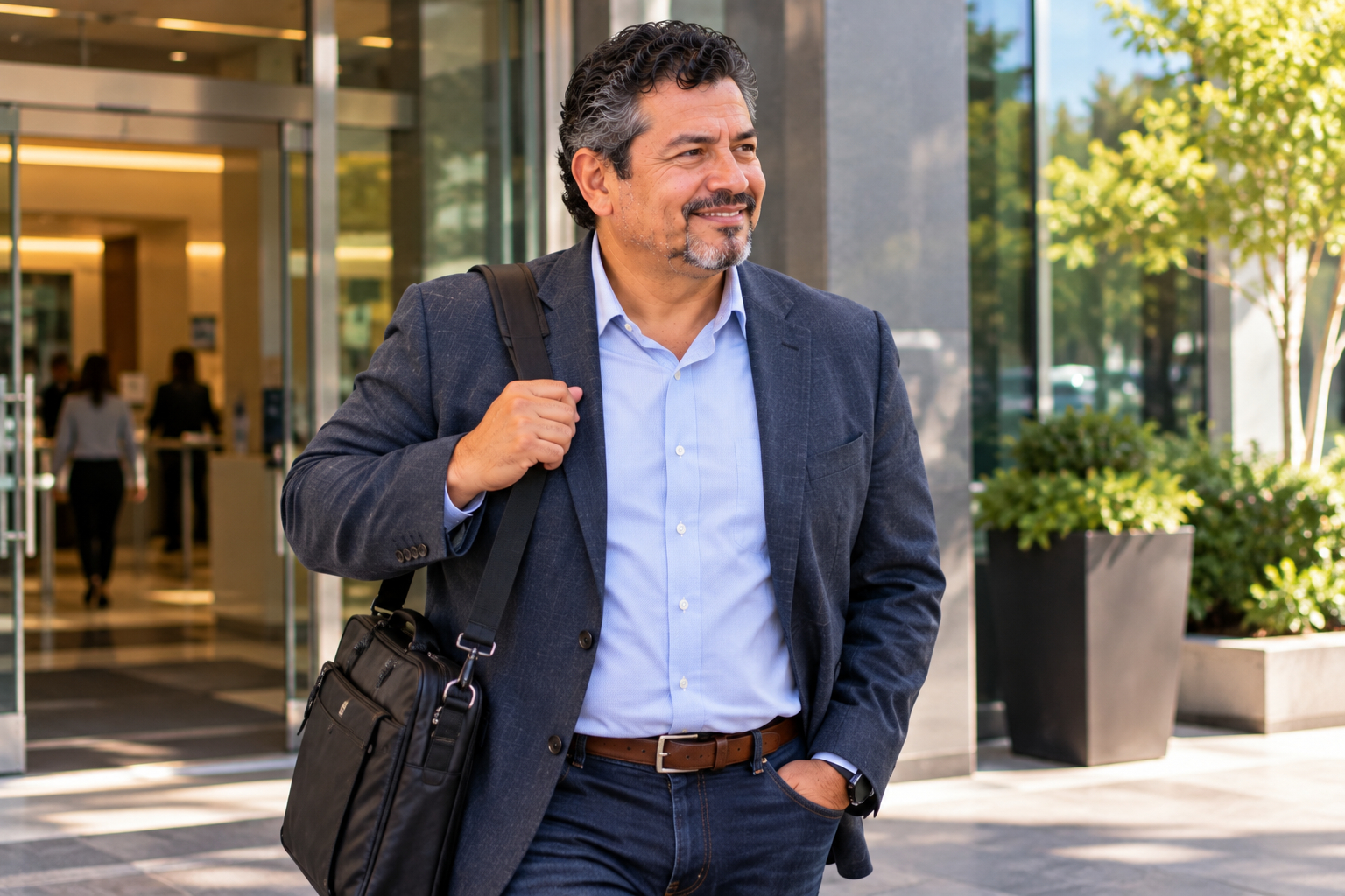 Man leaving a professional building after a successful workday with a laptop bag over his shoulder