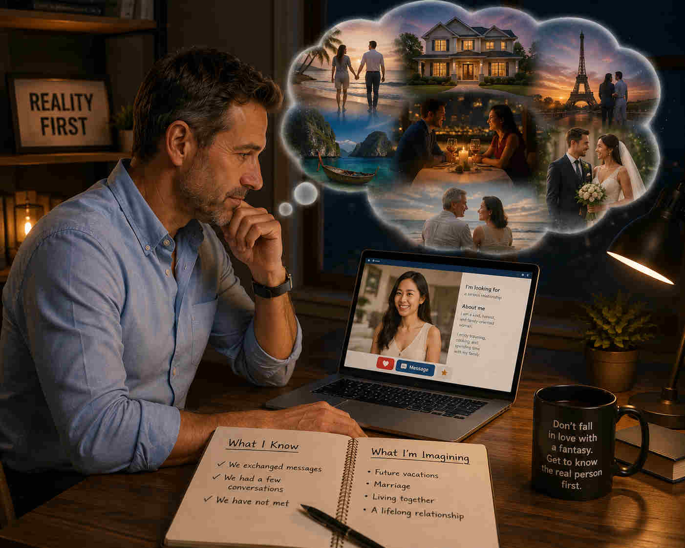 Man looking at a laptop with a thought bubble showing imagined future romance
