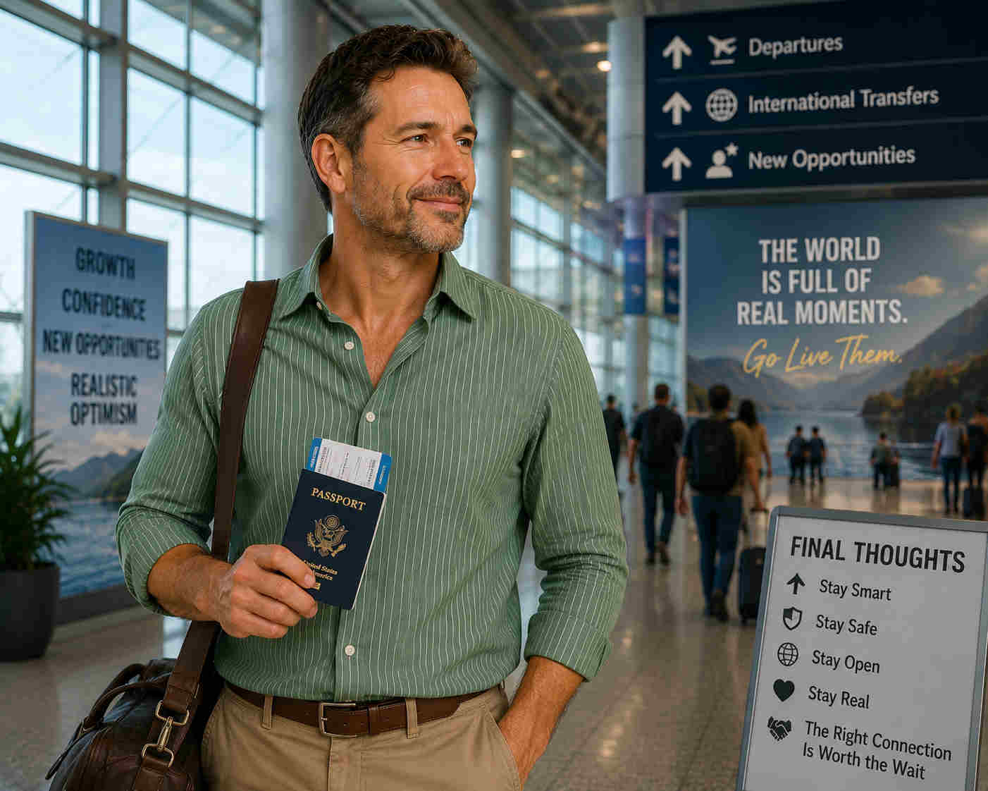 Man traveling confidently through an international airport with passport in hand