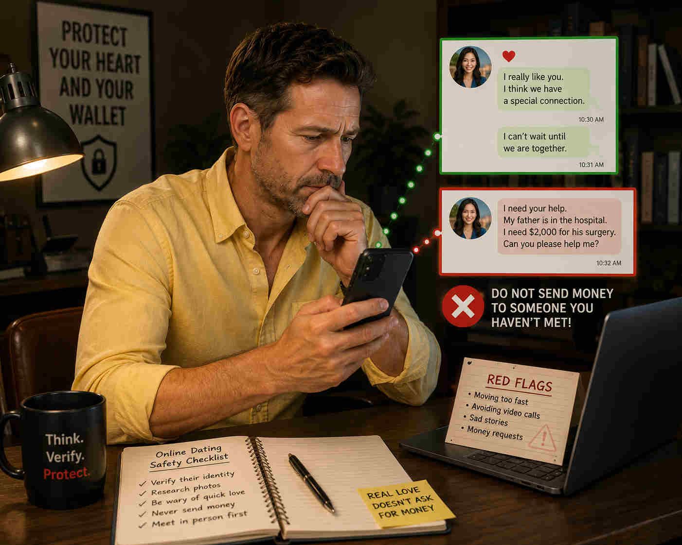 Man reviewing online international dating messages carefully while refusing to send money