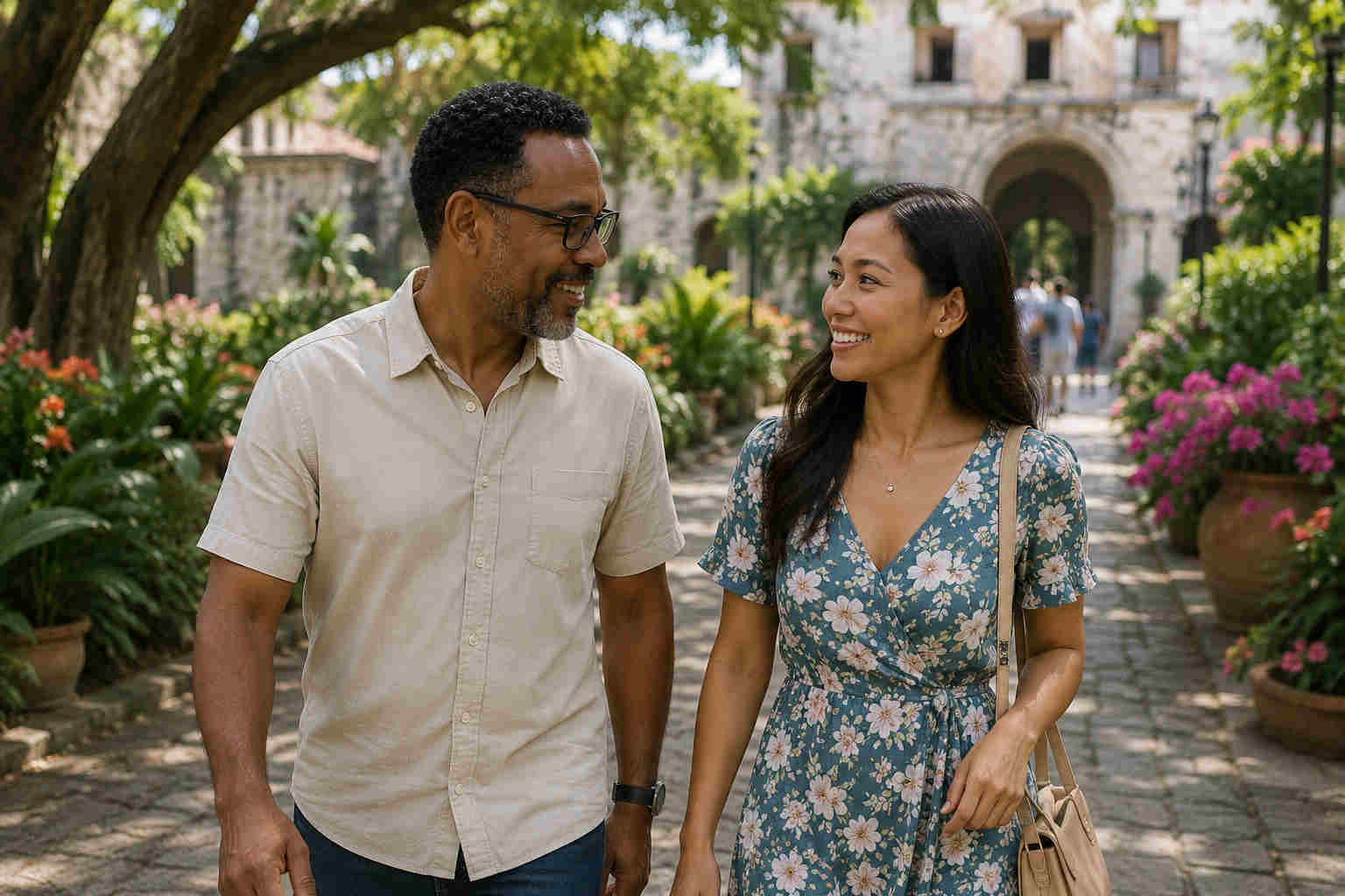 Man and Filipina woman walking together in a botanical garden after meeting through international dating