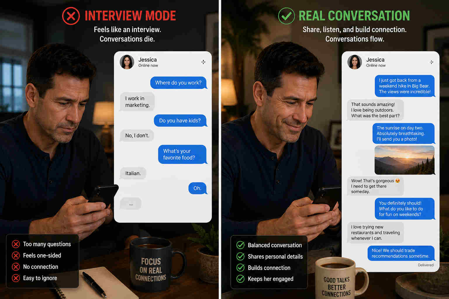 Split screen showing interview style dating app messages versus a natural conversation