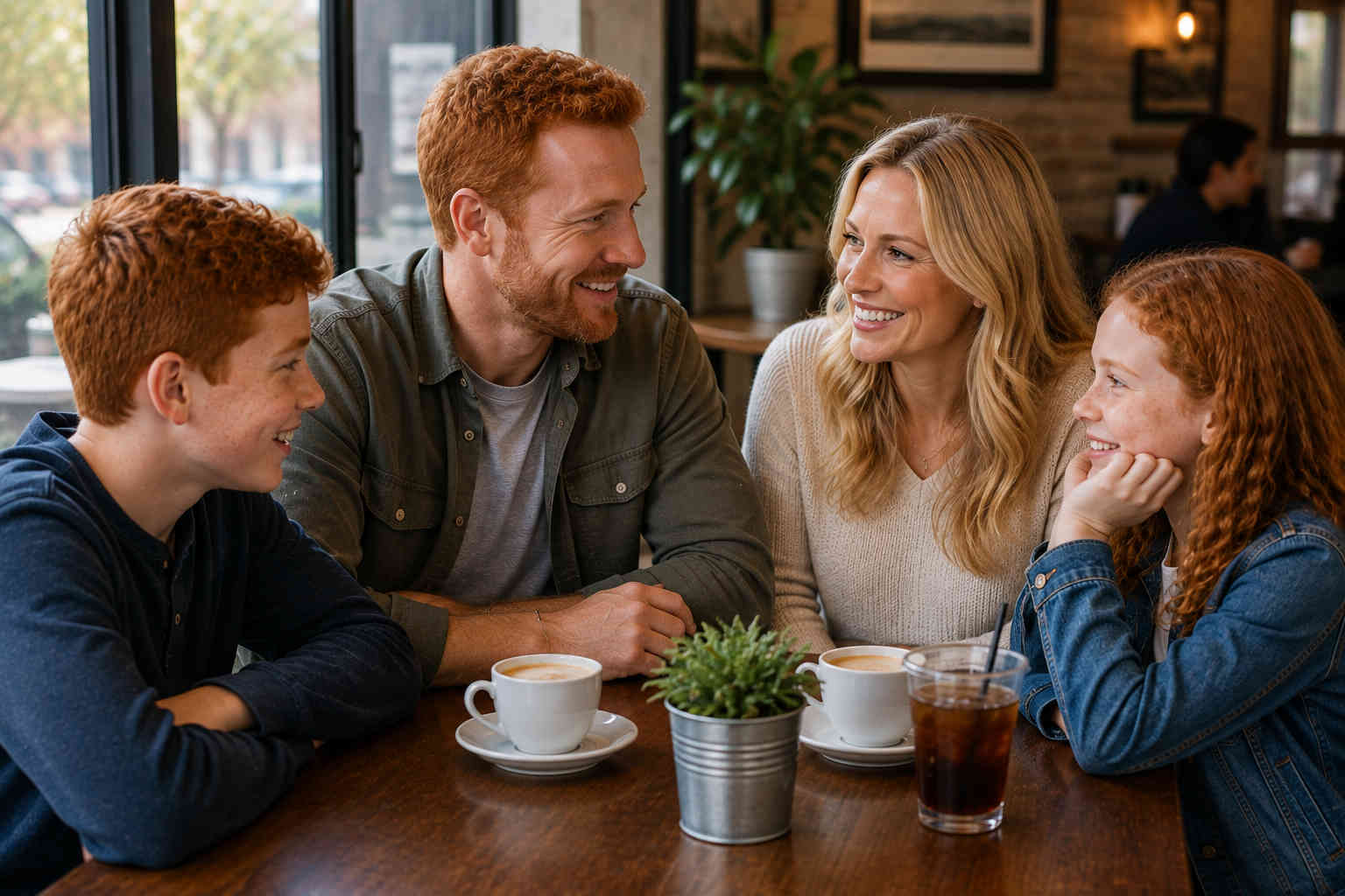 A red-haired father sits with his red-haired son and daughter and his blonde girlfriend at a cafe during a relaxed introduction after divorce