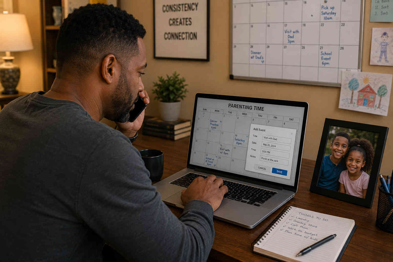 An African American father in his 40s talks on his phone while adding parenting time to a laptop calendar beside a framed photo of his children