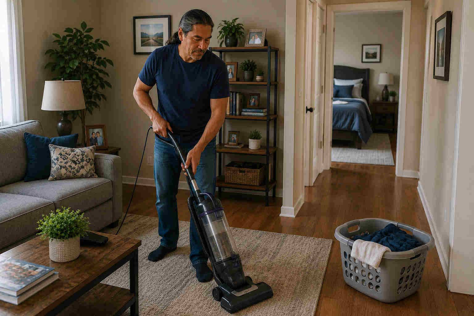 Divorced man vacuuming his living room with a laundry basket nearby and a freshly made bed visible down the hallway
