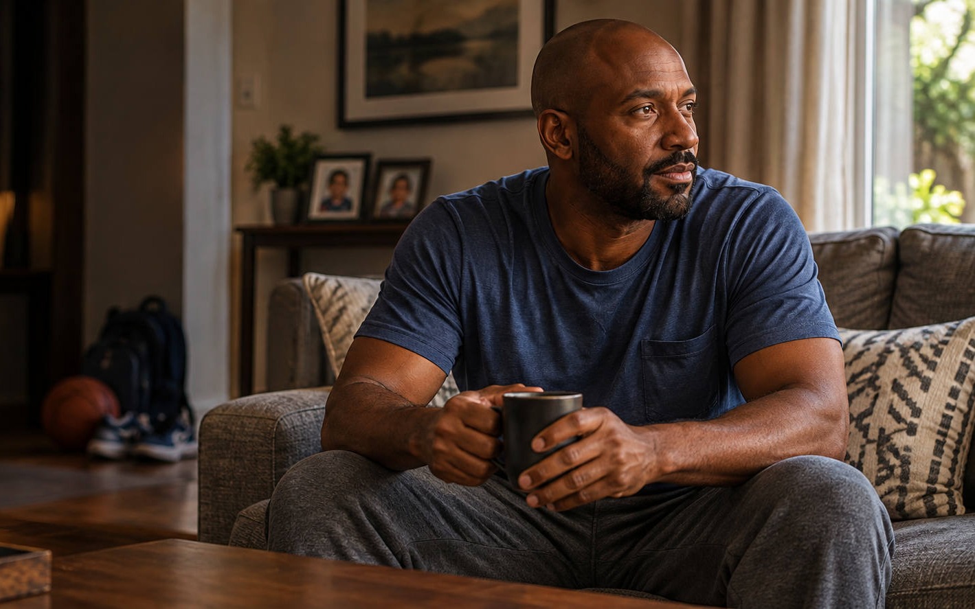 A divorced father sits thoughtfully at home with a cup of coffee and laptop while making constructive use of his kid-free days