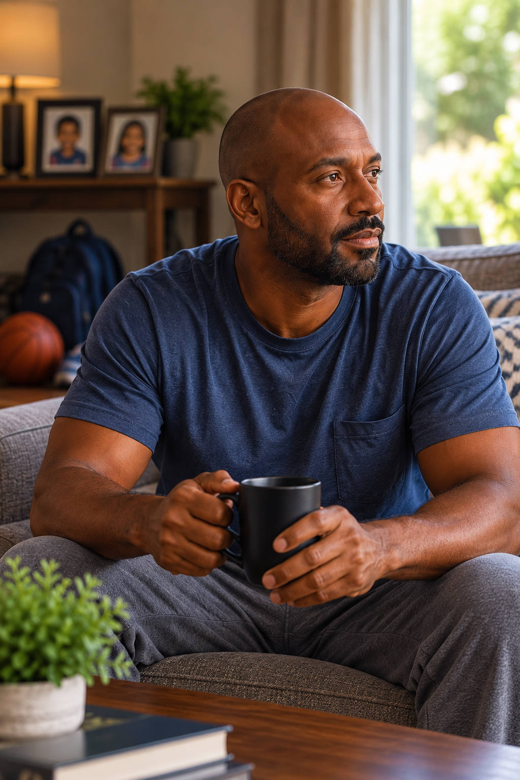Divorced father sitting quietly at home with a mug during a kid-free day