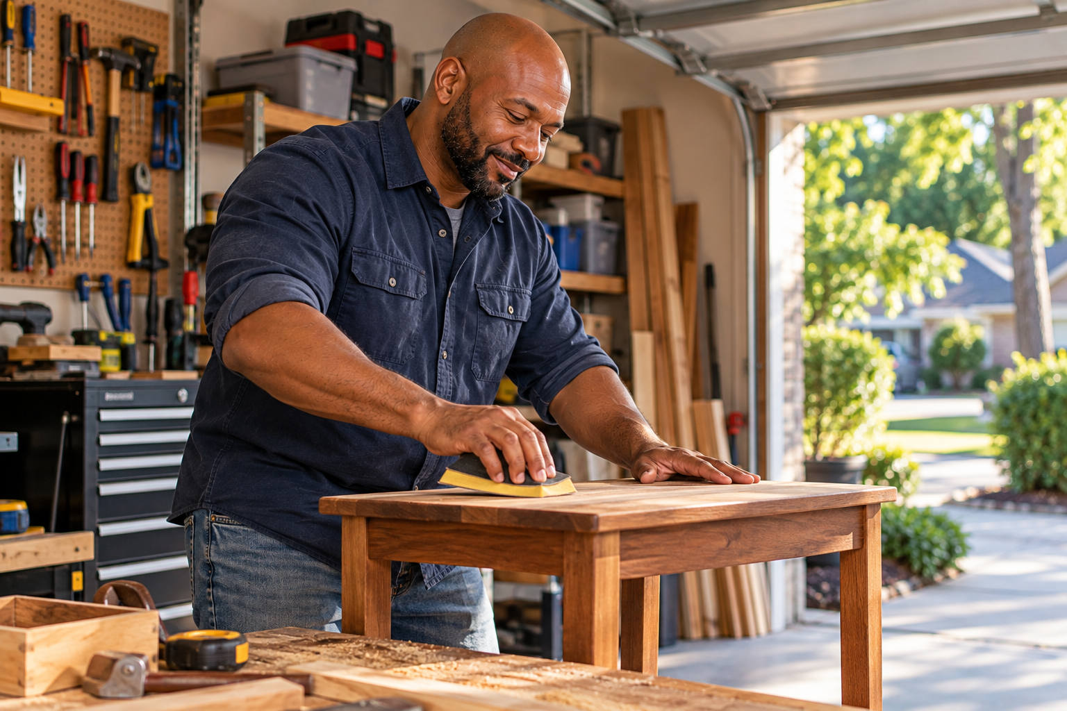 Father sanding a small woodworking project in his garage during a kid-free weekend
