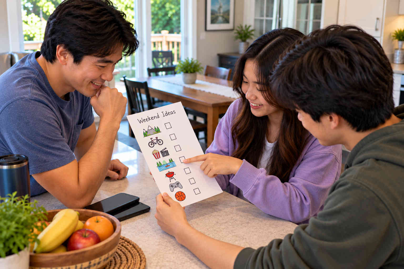 Korean father and two teenagers choosing an activity from a weekend ideas sheet