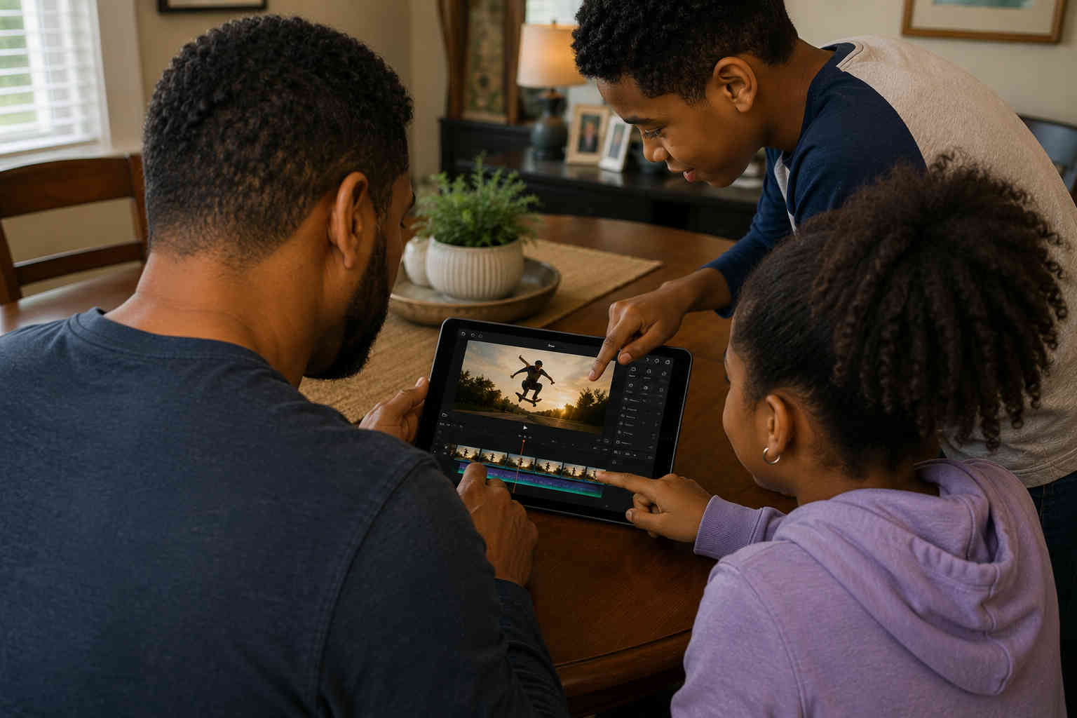 Over-the-shoulder view of a father and his children editing a short video together on a tablet