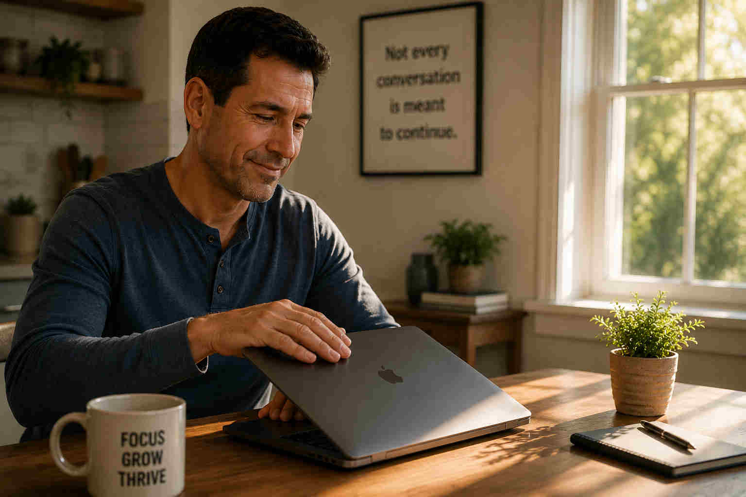Man calmly closing his laptop after deciding not every conversation is meant to continue