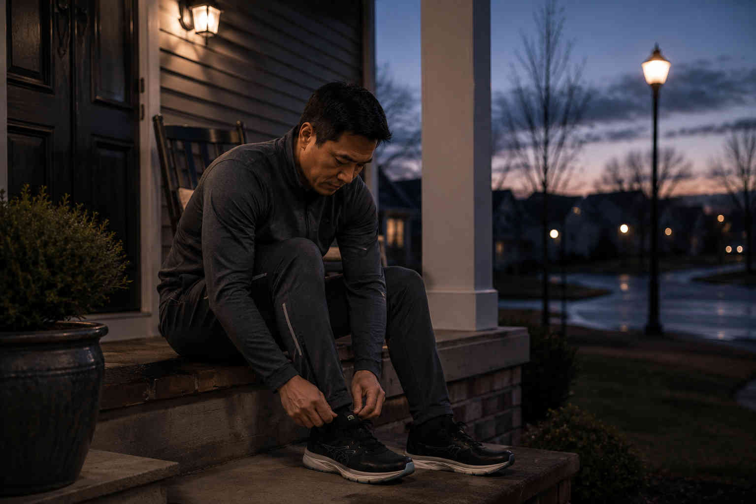 Man in a jogging suit tying his running shoes on the porch before sunrise