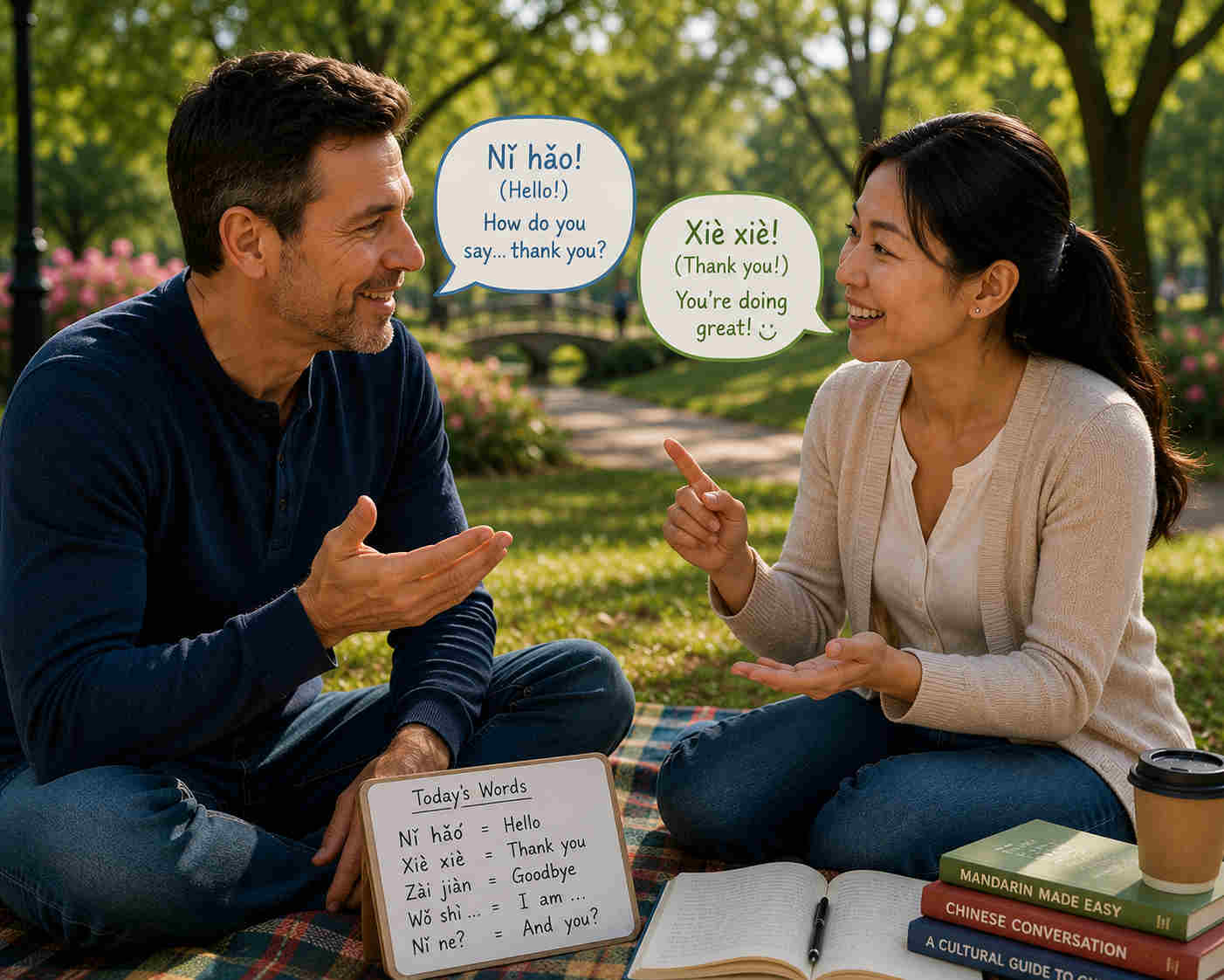 Couple practicing language together in a park with speech bubbles near their mouths