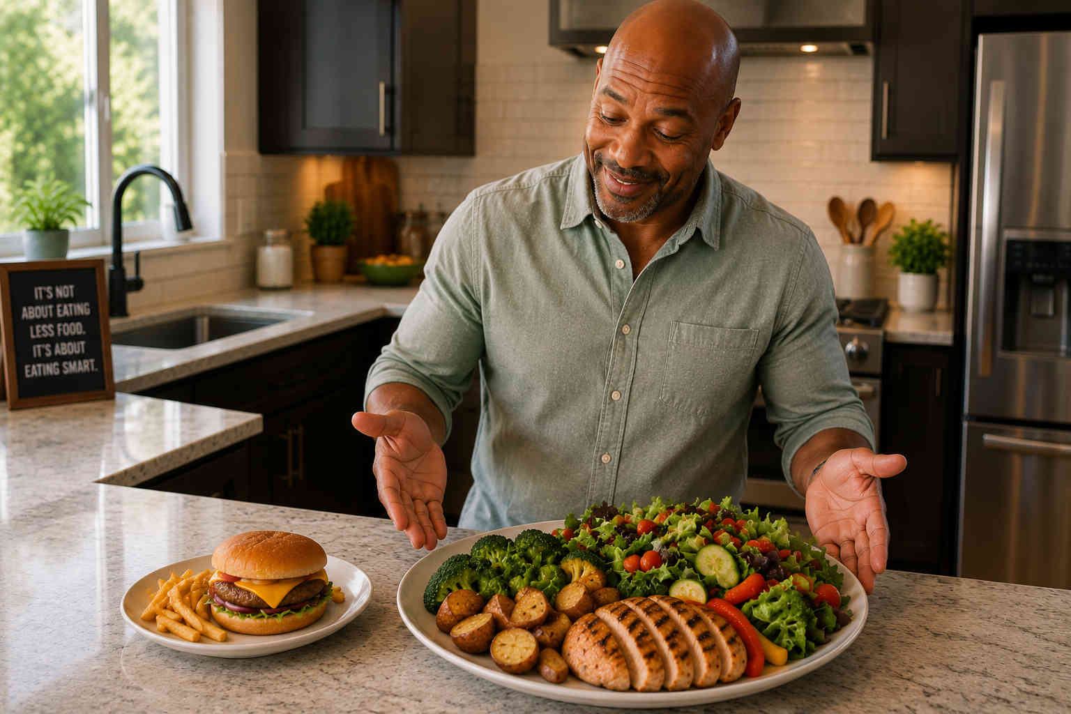 Man comparing a small burger and fries meal with a much larger plate of lean protein, potatoes, vegetables, and salad