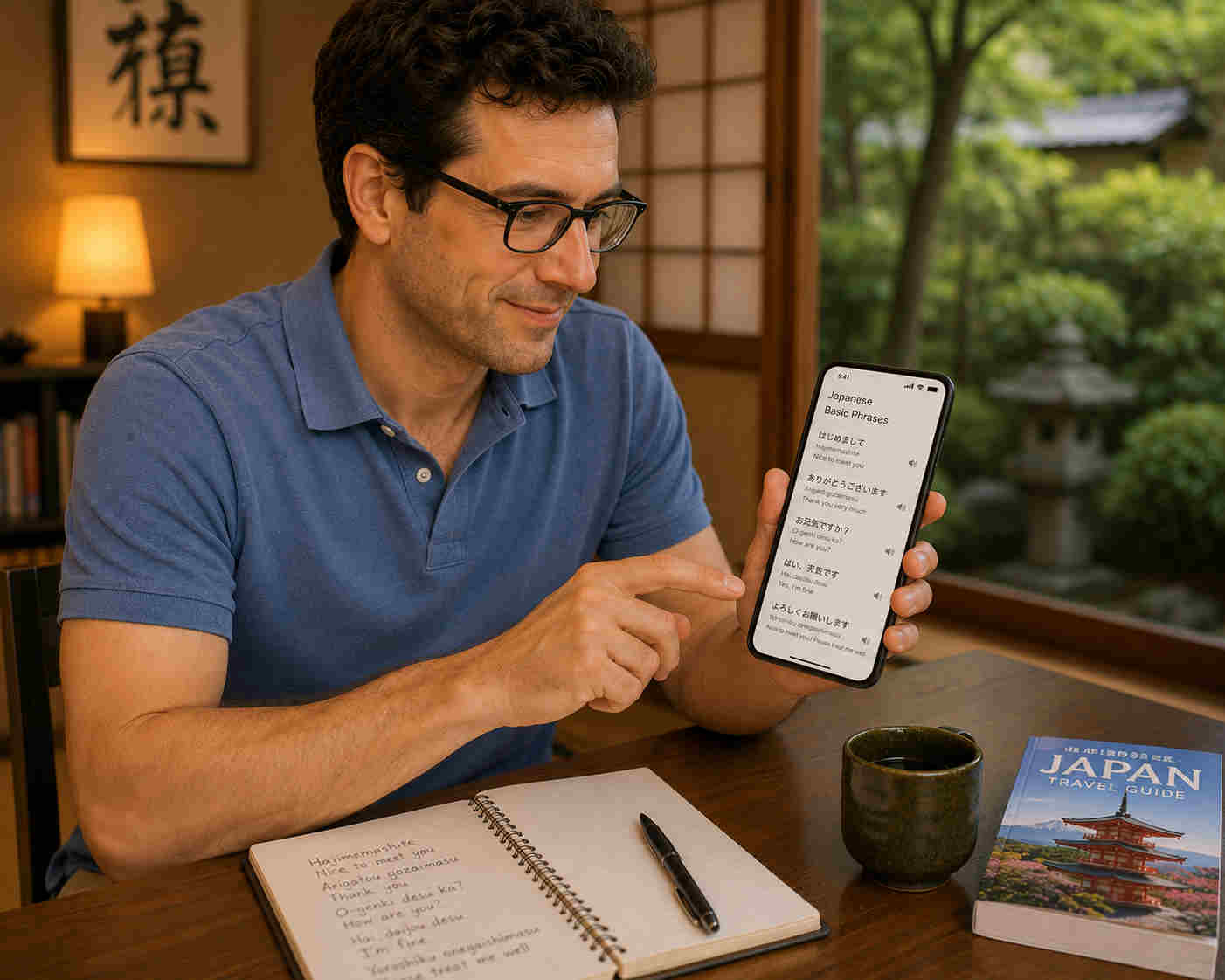 Man practicing simple Japanese phrases on his phone before meeting a Japanese woman for a date