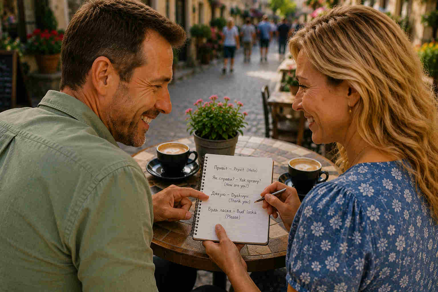 American man and Ukrainian woman practicing useful Ukrainian phrases together in a notebook