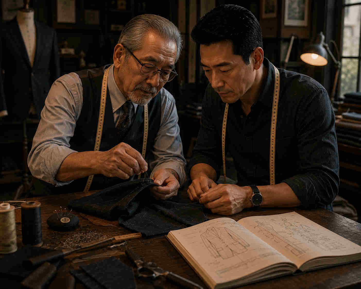 Older master tailor teaching a difficult stitching technique to a middle-aged Asian tailor