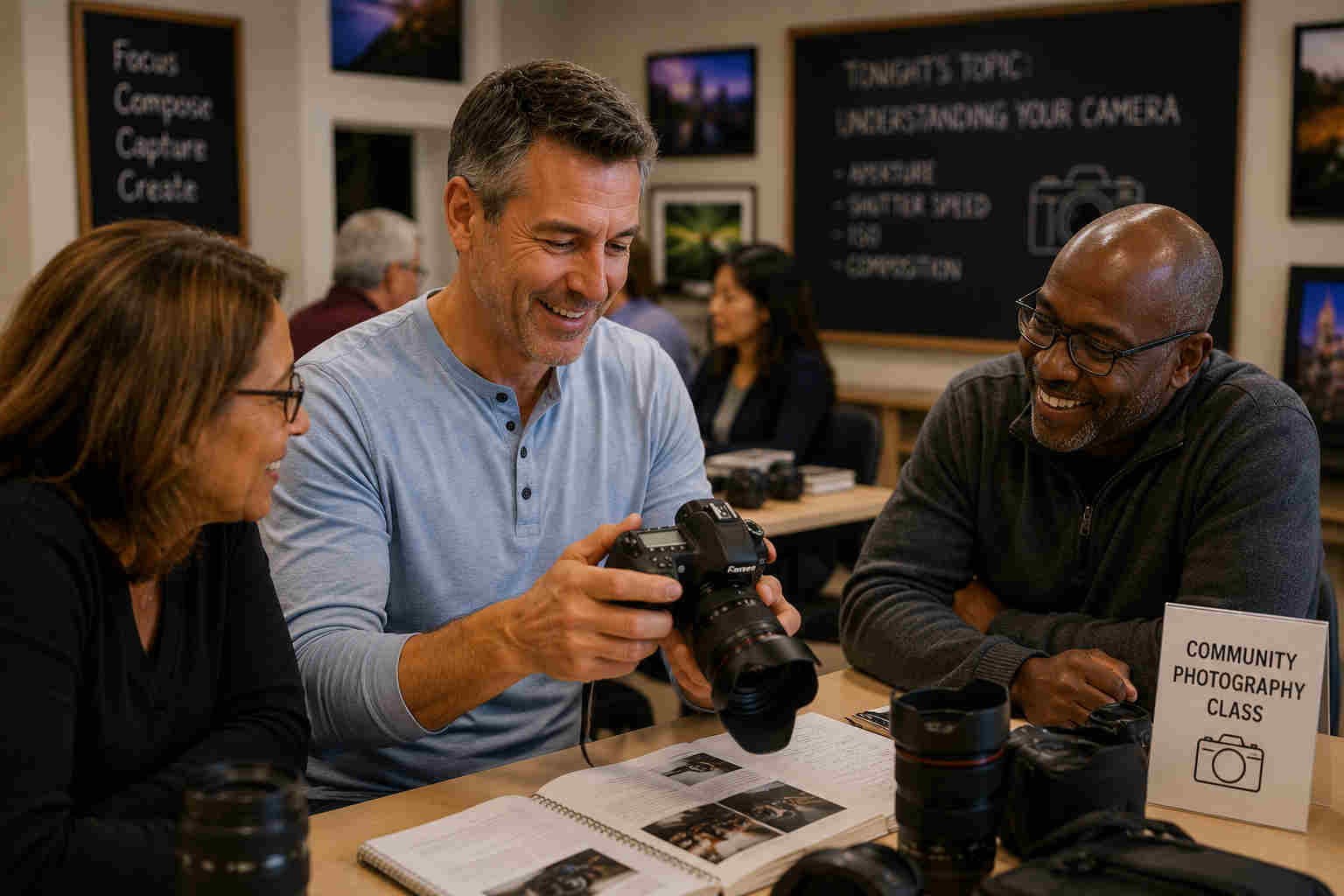 Divorced man building confidence while learning photography with other adults