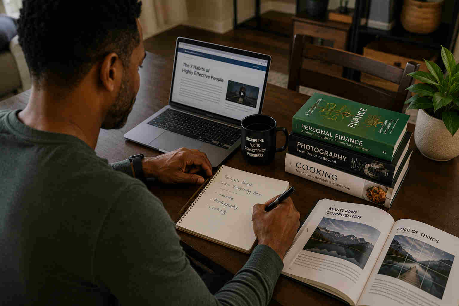 Over-the-shoulder view of a man studying personal finance, photography, and cooking