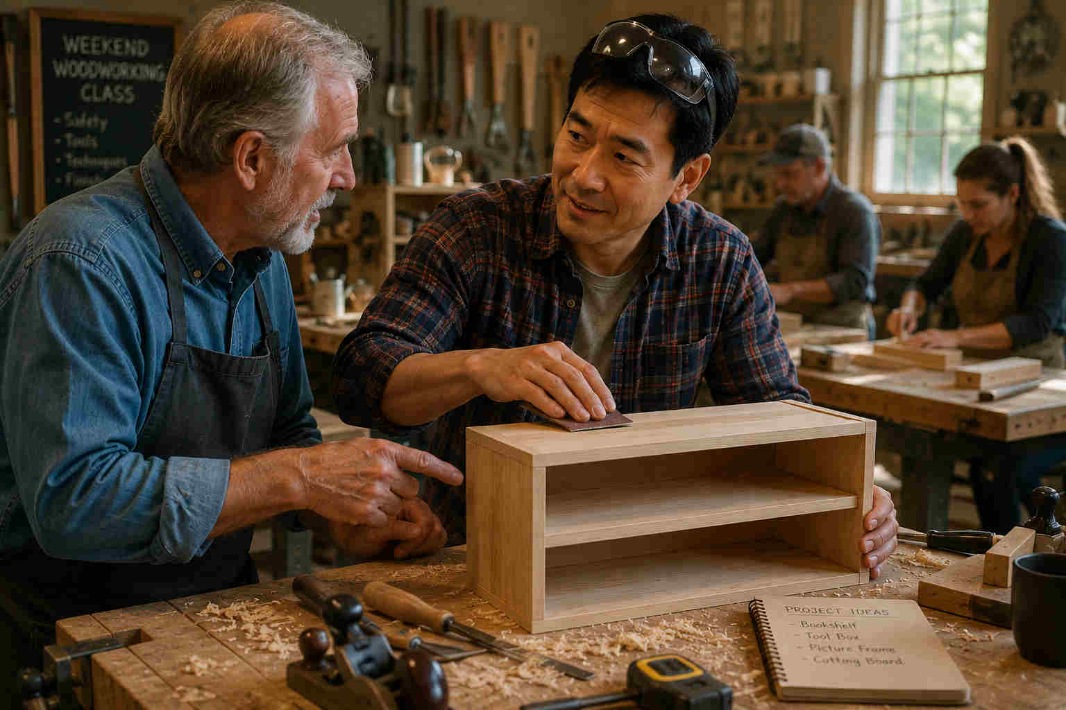 Asian man learning woodworking from an older instructor while sanding a small bookshelf