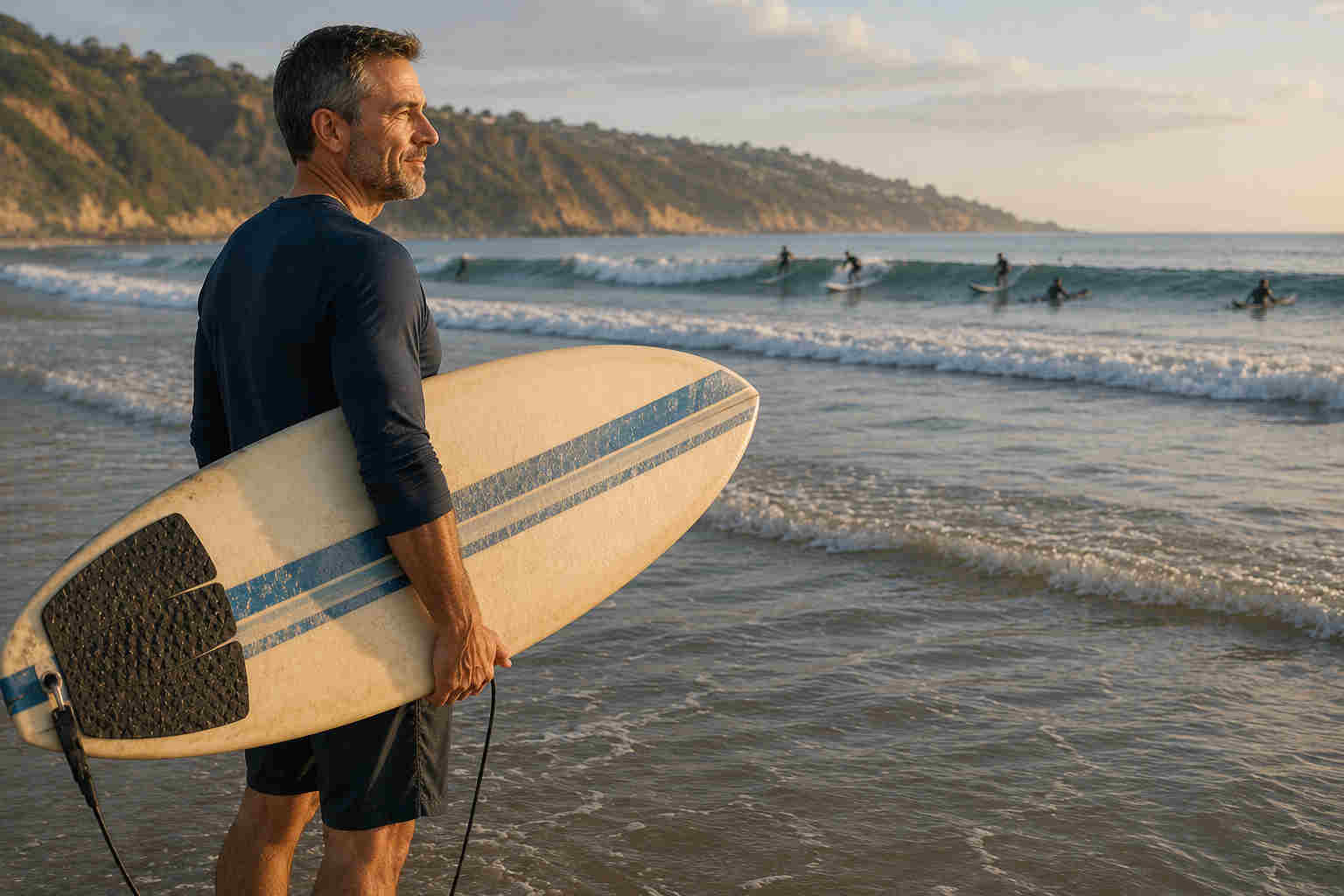 Middle-aged man preparing for a beginner surf lesson and accepting the discomfort of learning something new