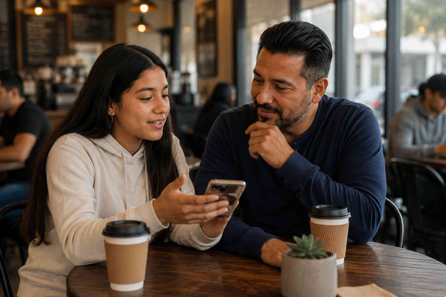 Father listening with interest as his teenage daughter shows him something on her phone in a coffee shop