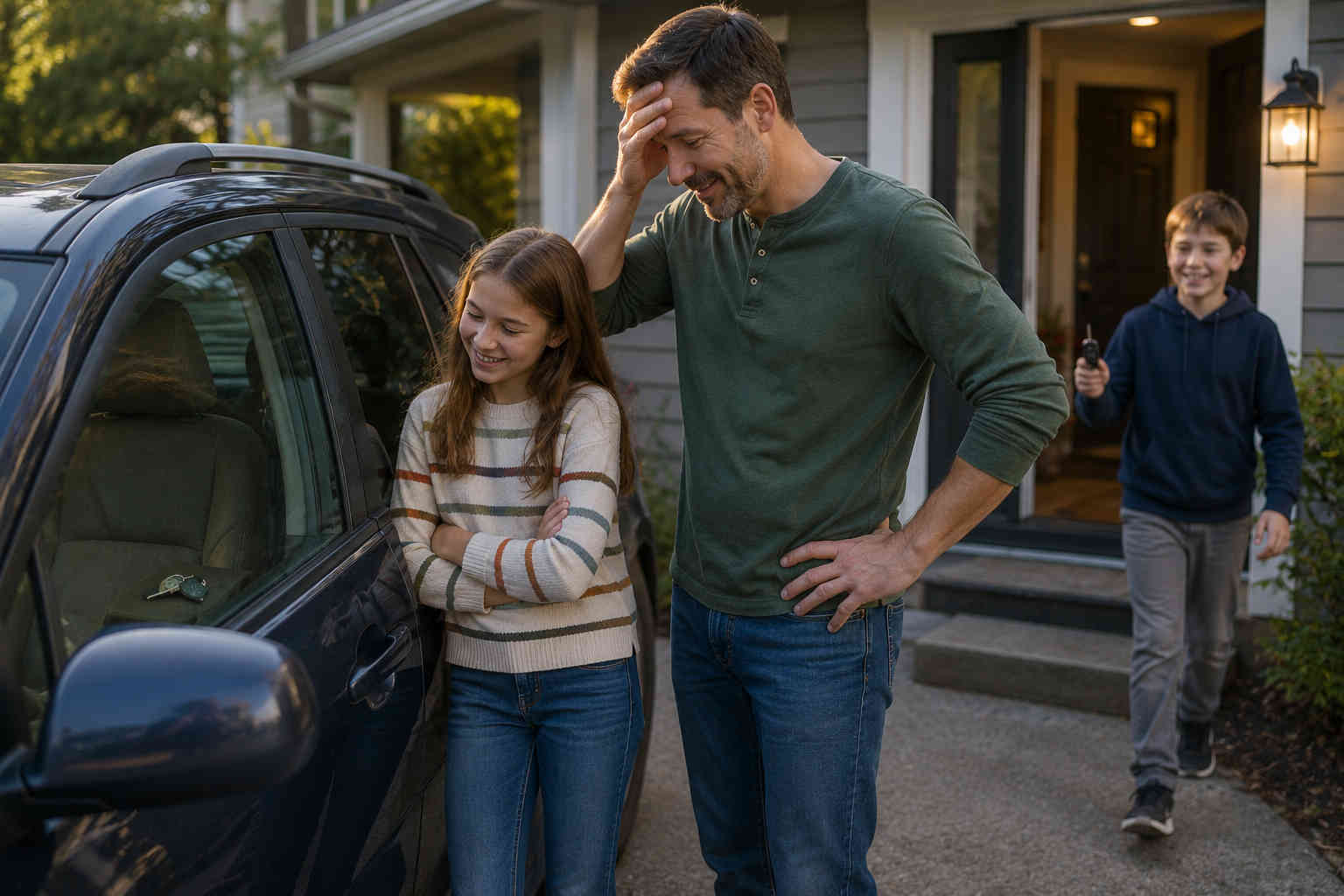 Father laughing at his own mistake after locking the car keys inside while his children help solve the problem