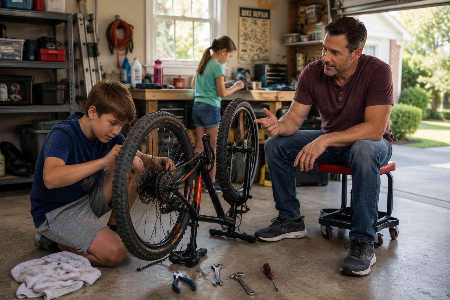 Father watching while his son works on a bicycle problem himself in the garage