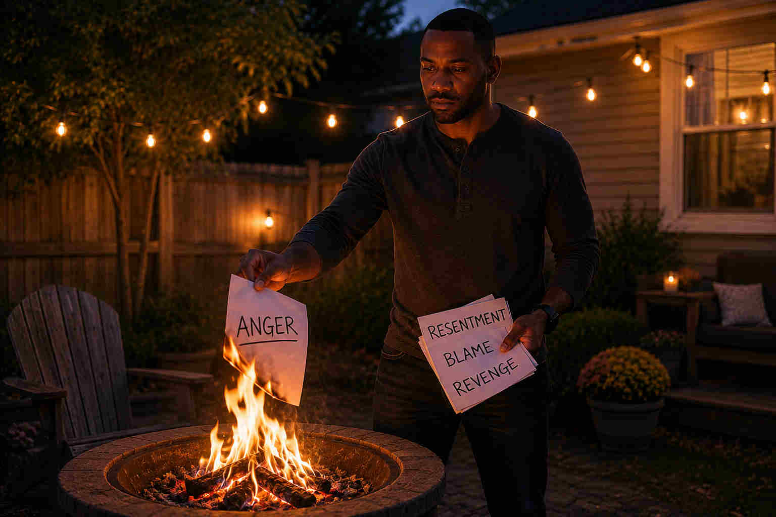 Divorced man releasing anger, resentment, blame, and revenge into a backyard fire pit