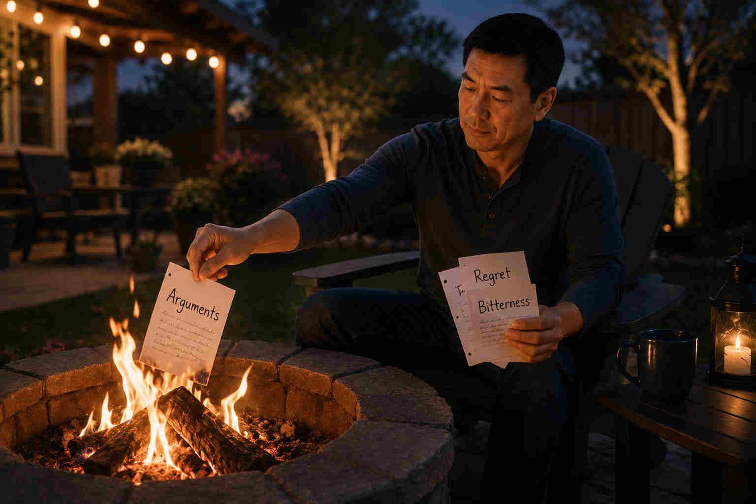 Divorced man letting go of arguments regret and bitterness beside a backyard fire pit
