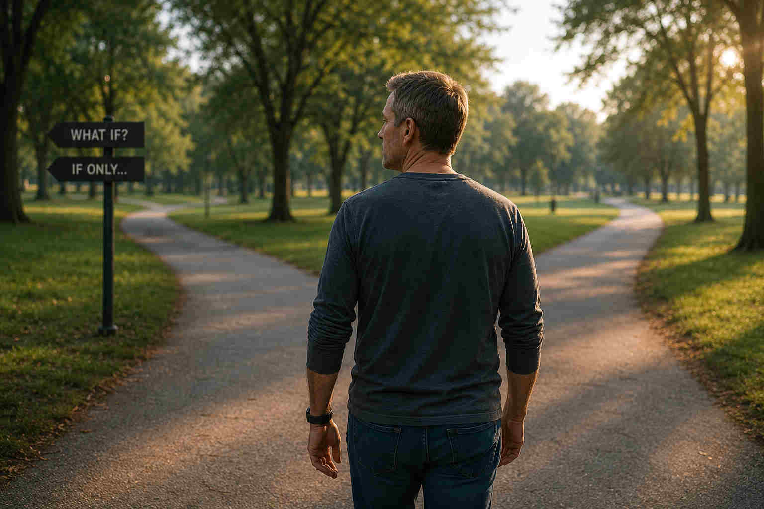 Divorced man standing at a forked park trail beside signs reading what if and if only