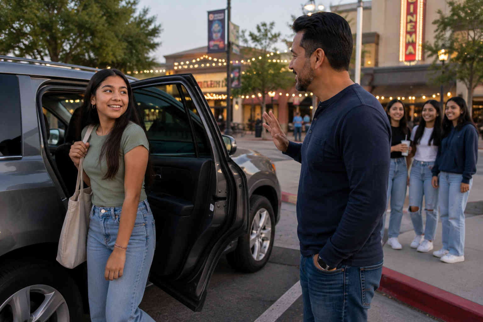 Father giving his teenage daughter a relaxed goodbye as she meets friends outside a movie theater