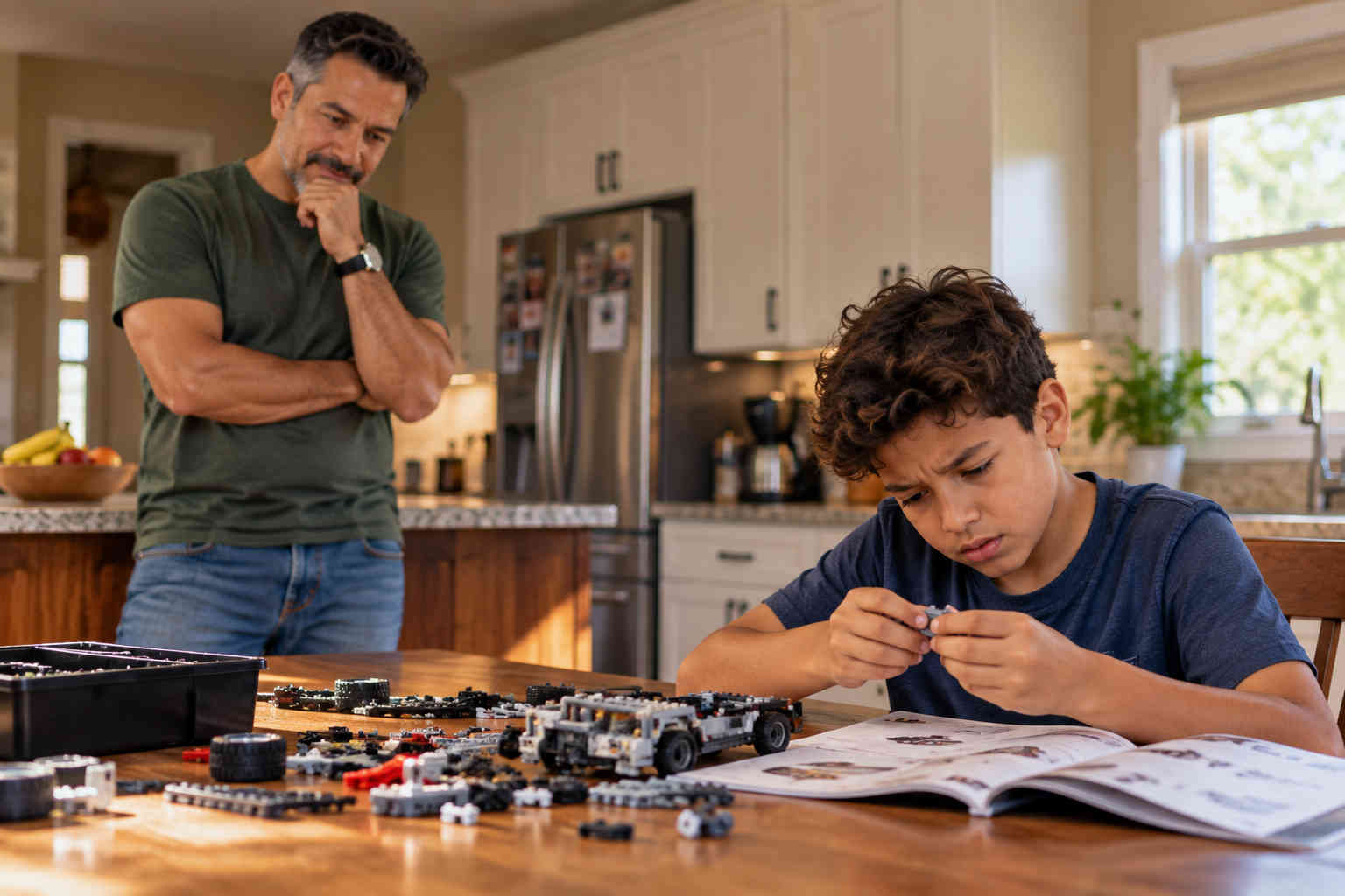 Father allowing his son to work through a difficult building project instead of immediately solving it for him