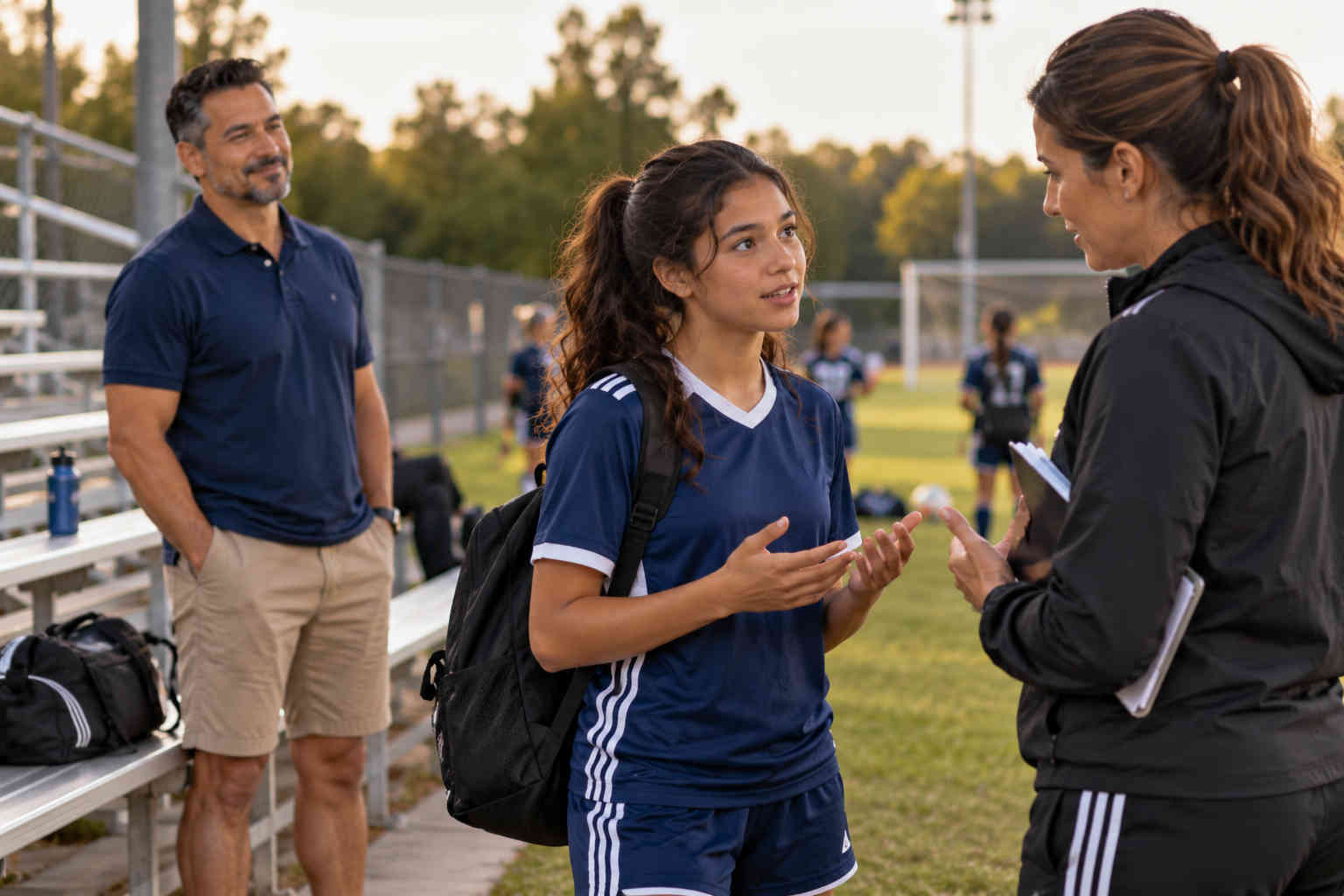Daughter speaking directly with her soccer coach while her father waits in the background