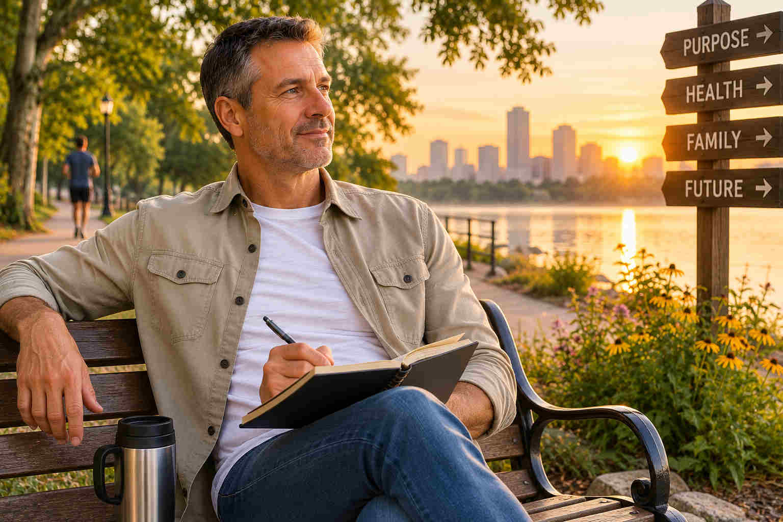 Confident divorced man reviewing his notebook on a park bench one year later