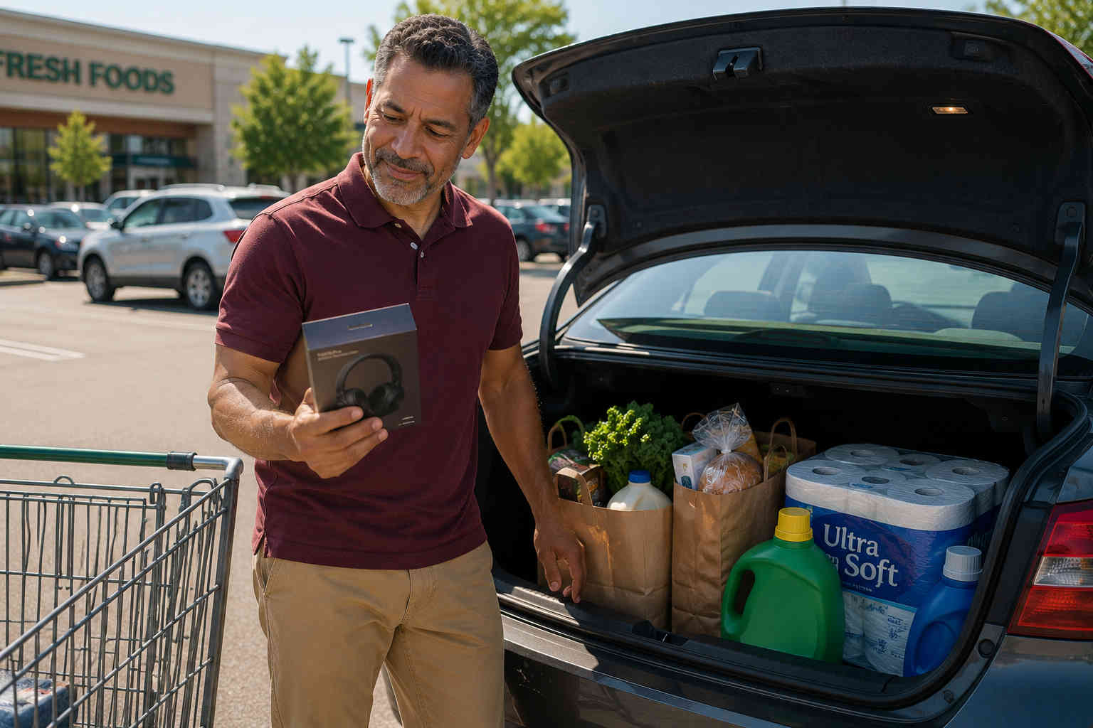 Man comparing an optional headphone purchase with groceries and essential household supplies in his car trunk
