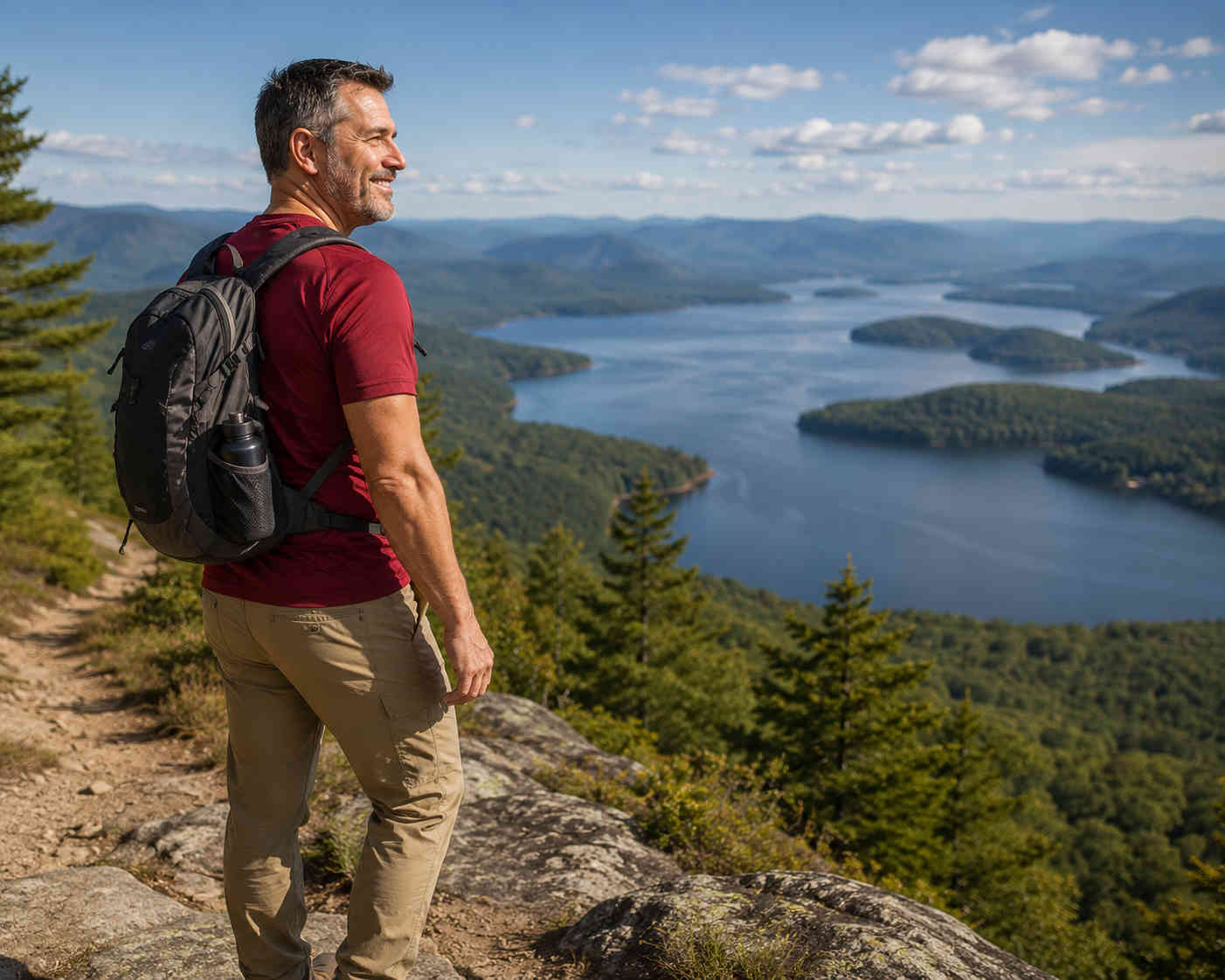 Healthier man hiking to a scenic overlook and enjoying the active life his sustainable weight loss supports