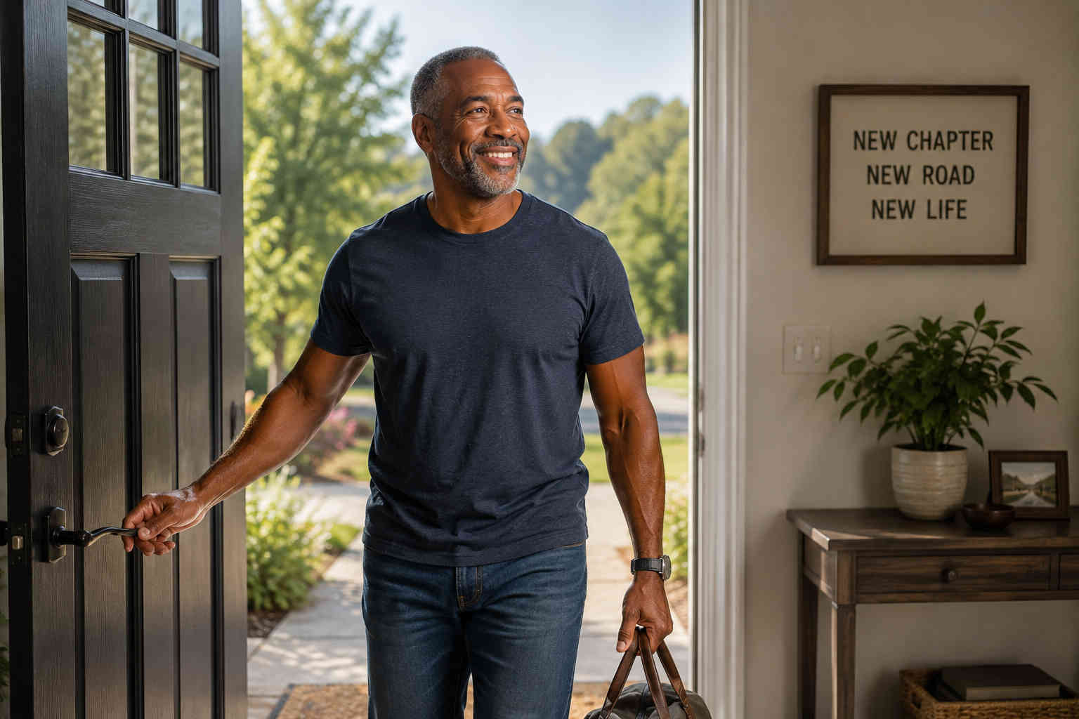 Happy divorced man walking through the front door of his home after returning from a solo trip