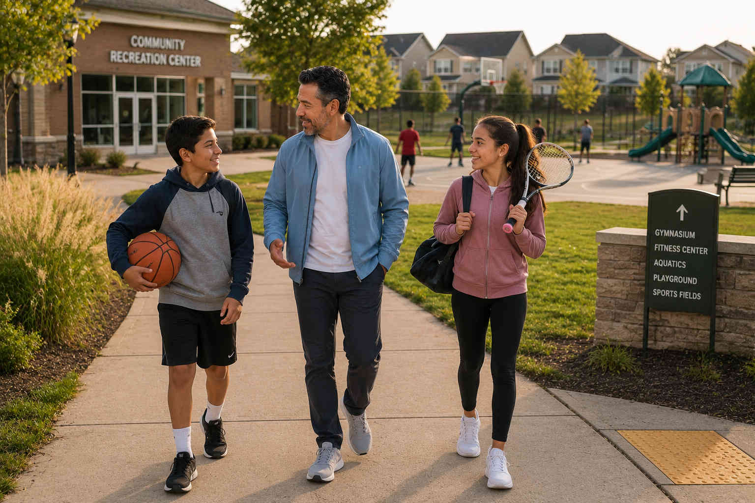 Father walking with his children near a community recreation center, basketball courts, and neighborhood activities