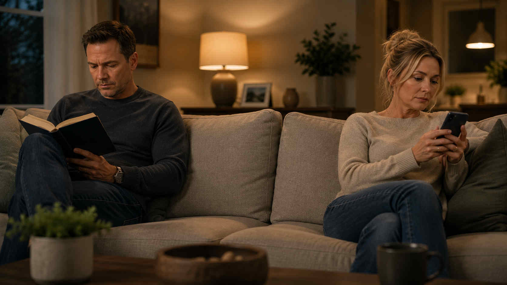 A couple sitting far apart on the same couch while focused on separate activities