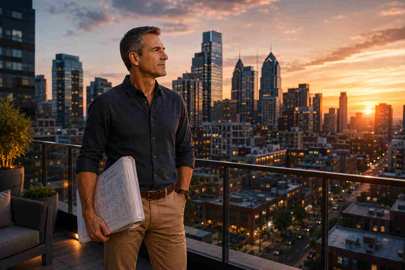 Man standing confidently on a rooftop terrace overlooking a city while holding his folded life blueprint